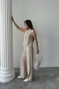 KETEN KENARLARI BİYELİ YELEK - PANTOLON TAKIM - Bej resmi
